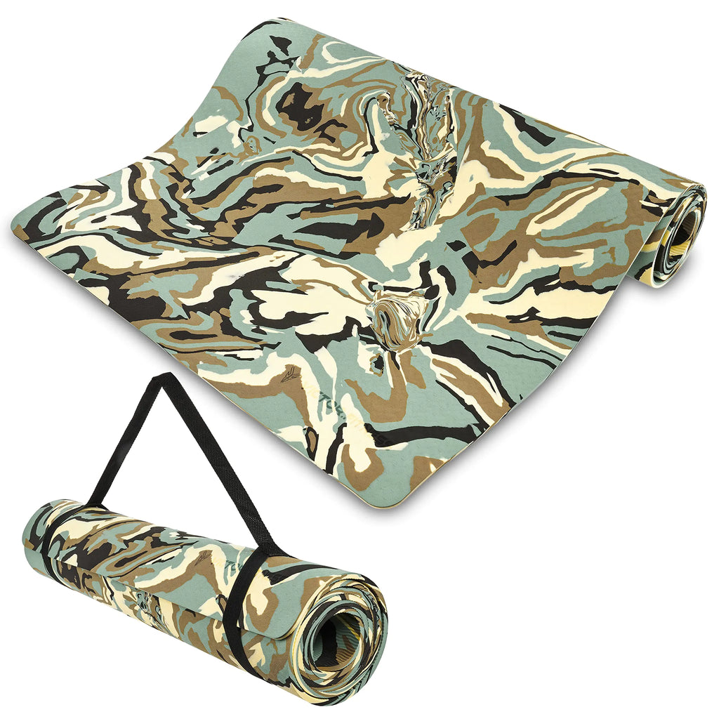 Victor Fitness Green Camouflage Eco-Friendly Yoga Mat - Premium TPE Material Non-Slip Texture Lightweight & Durable - Ideal for Hot Yoga Pilates and Bikram - Includes Carrying Strap